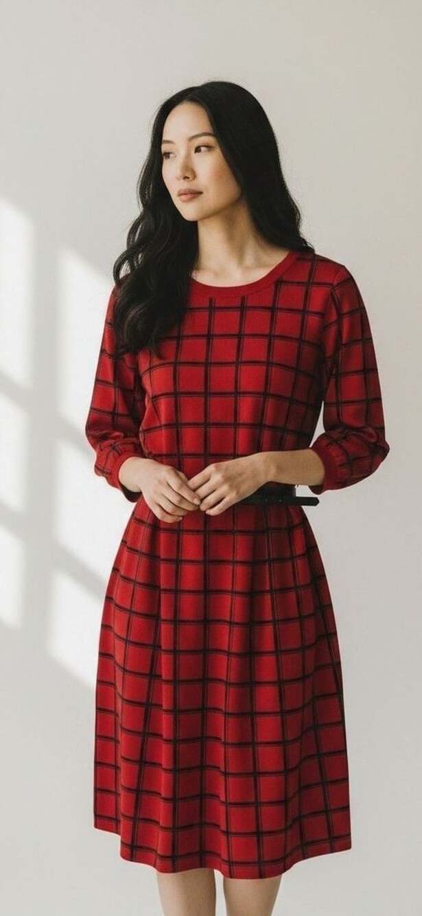 The Limited Red and Black Plaid Crew Neck 3/4 Sleeve Midi Dress with Belt
Sz .S
